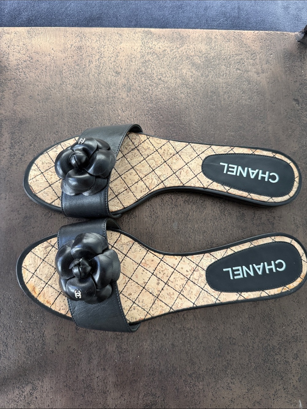 CHANEL Black Leather Camellia Slide Sandals